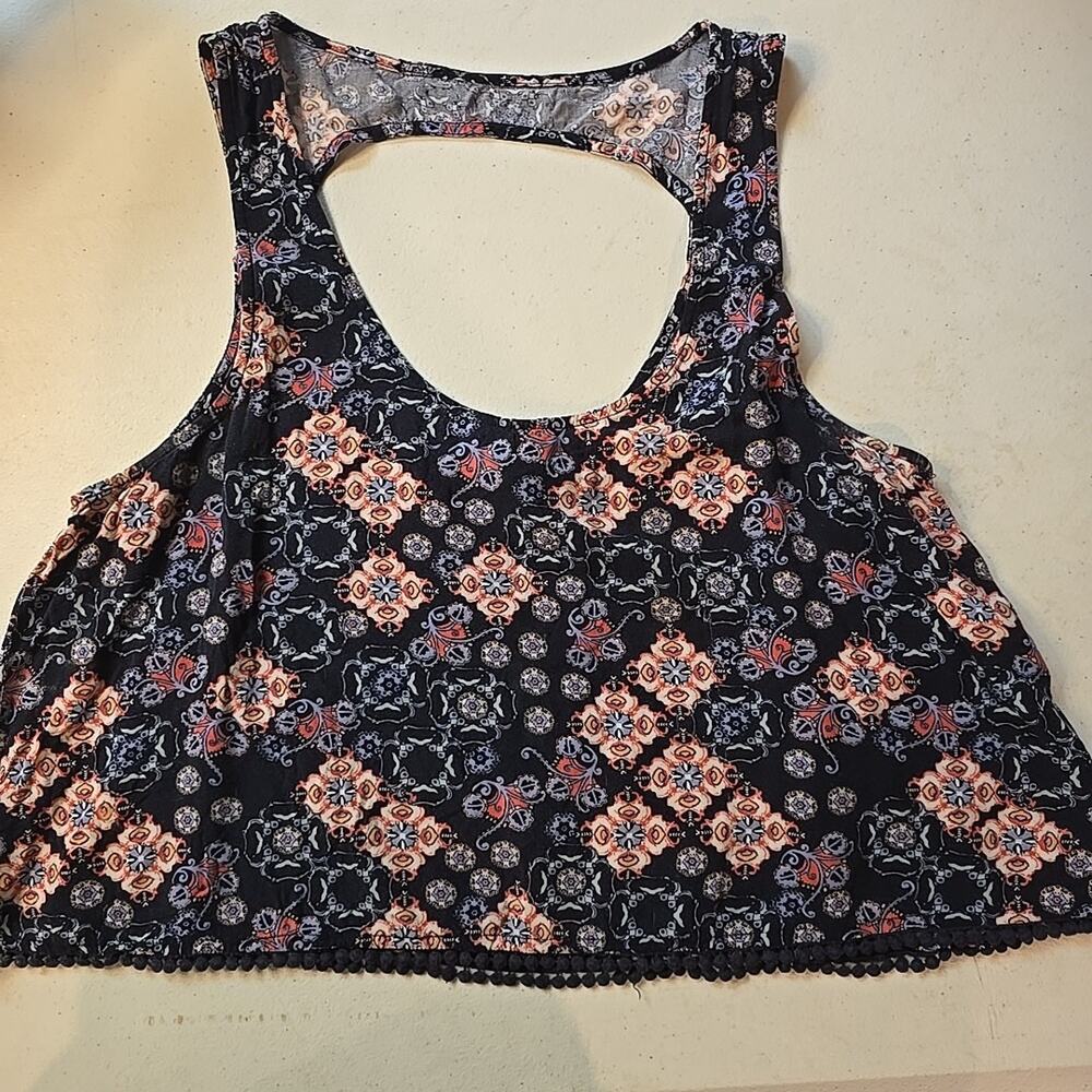Vintage Y2K Mudd Open Back Crop Top pom pom Hem‎ Navy Boho Festival 90s Size XL